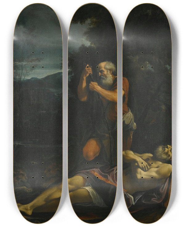 Triptych art skateboard deck of Lorenzo Garbieri Saint Anthony Abbot Burying Saint Paul The Hermit by Lorenzo Garbieri (1580-1654)