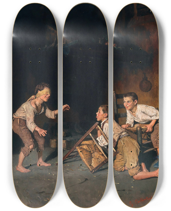 Triptych art skateboard deck of Giuseppe Constantini Blind Mans Buff by Giuseppe Constantini