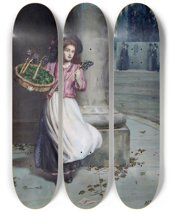 Triptych art skateboard deck of Augustus Edwin Mulready Selling Out_1 by Augustus Edwin Mulready (1844-1904)