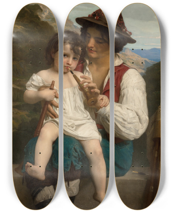 Triptych art skateboard deck of William Bouguereau La Leon De Flte by William Bouguereau (1825-1905)
