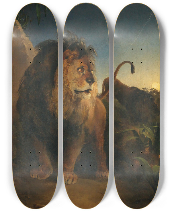 Triptych art skateboard deck of Johann Fischbach Pair Of Lions On A Moonlit Night by Johann Fischbach (1797-1871)
