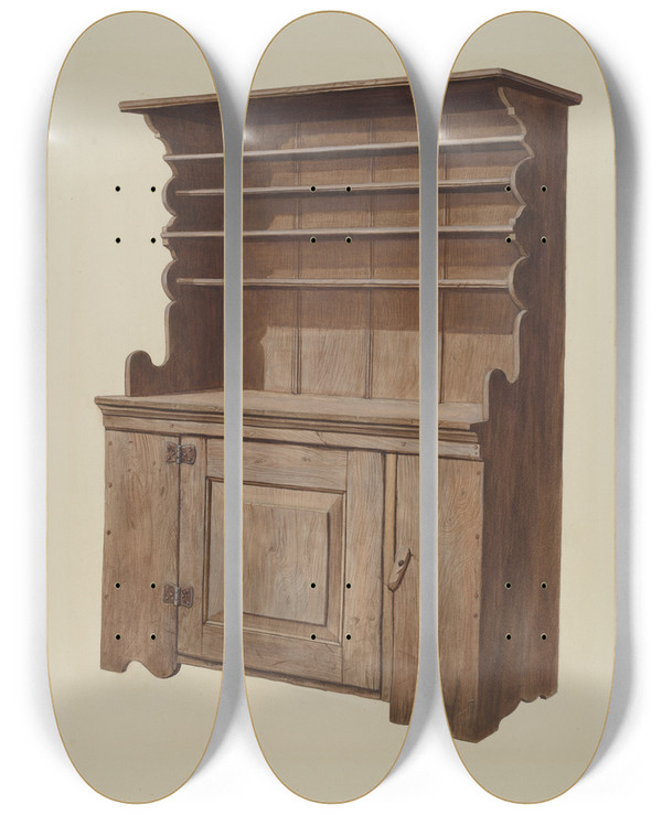 Triptych art skateboard deck of Leslie Macklem Hutch Dresser by Leslie Macklem