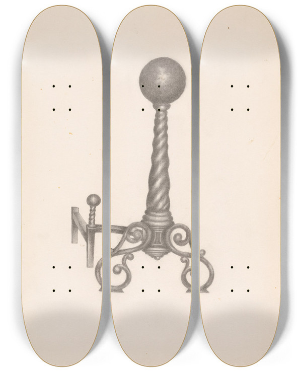 Triptych art skateboard deck of Henry Meyers Wrought Iron Andirion by Henry Meyers (20-)