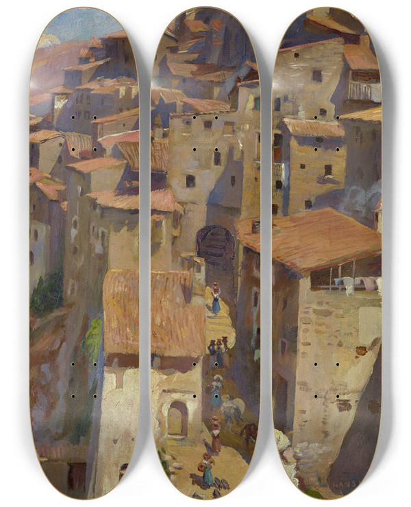 Triptych art skateboard deck of Hans Johann Ludwig Lendorff Anticoli by Hans (Johann) Ludwig Lendorff (1863-1946)