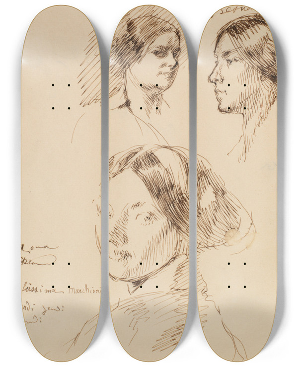 Triptych art skateboard deck of Albert Besnard Three Portrait Heads Of A Woman by Albert Besnard (1849-1934)