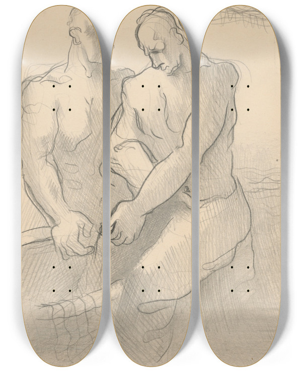 Triptych art skateboard deck of Mikul Galanda Two Fishermen by Mikulas Galanda (1895-1938)