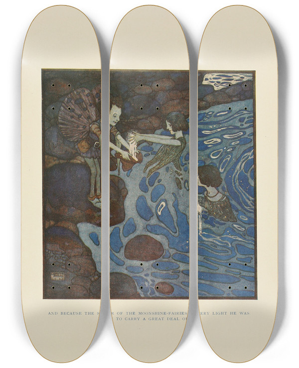 Triptych art skateboard deck of Edmund Dulac And Because The Silver Of The Moonshinefairies Is Very Light by Edmund Dulac (1882-1953)