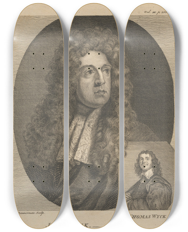 Triptych art skateboard deck of Alexander Bannerman John Wyck And Thomas Wyck by Alexander Bannerman (1730-1780)