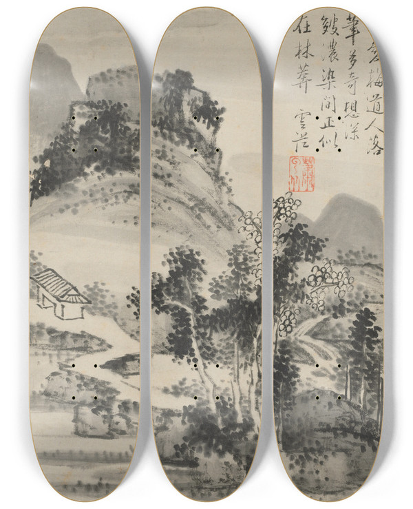 Triptych art skateboard deck of Xiao Yuncong Album Of Seasonal Landscapes Leaf D Previous Leaf 2 by Xiao Yuncong (1596-1673)