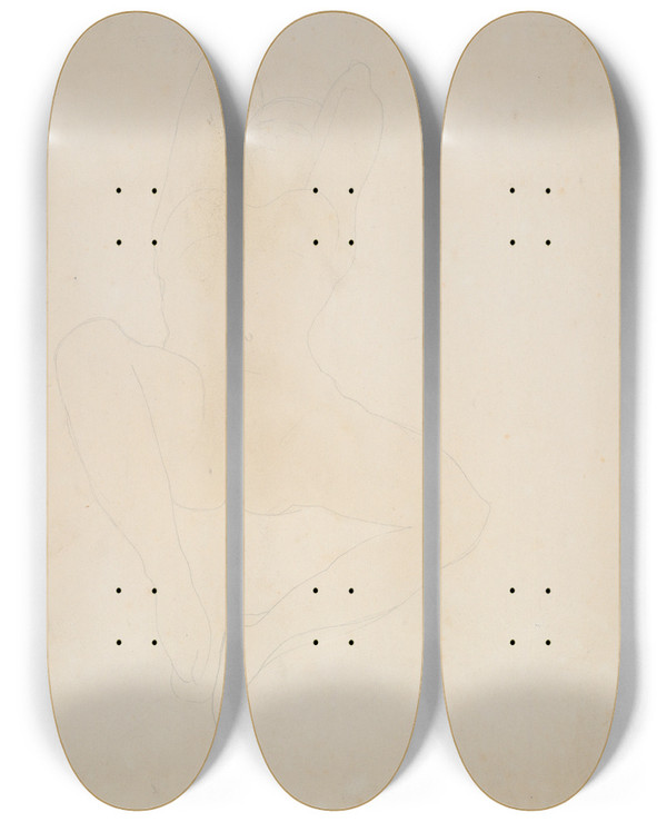 Triptych art skateboard deck of Auguste Rodin Recliningfigure by Auguste Rodin (1840-1917)