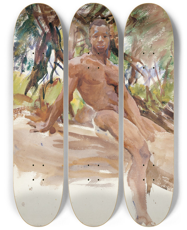 Triptych art skateboard deck of John Singer Sargent Man And Trees Florida by John Singer Sargent (1856-1925)
