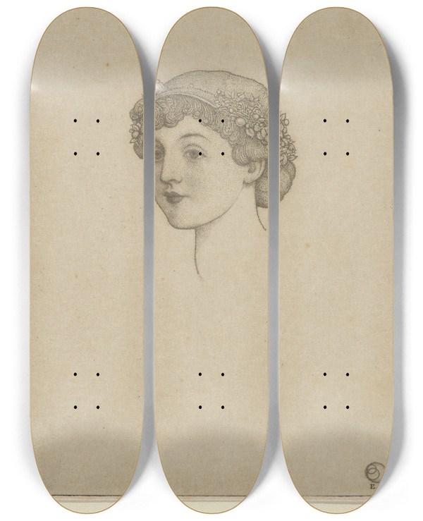 Triptych art skateboard deck of Ernest Haskell Portrait Of A Girls Head With Flowers In Her Hair by Ernest Haskell (1876-1925)