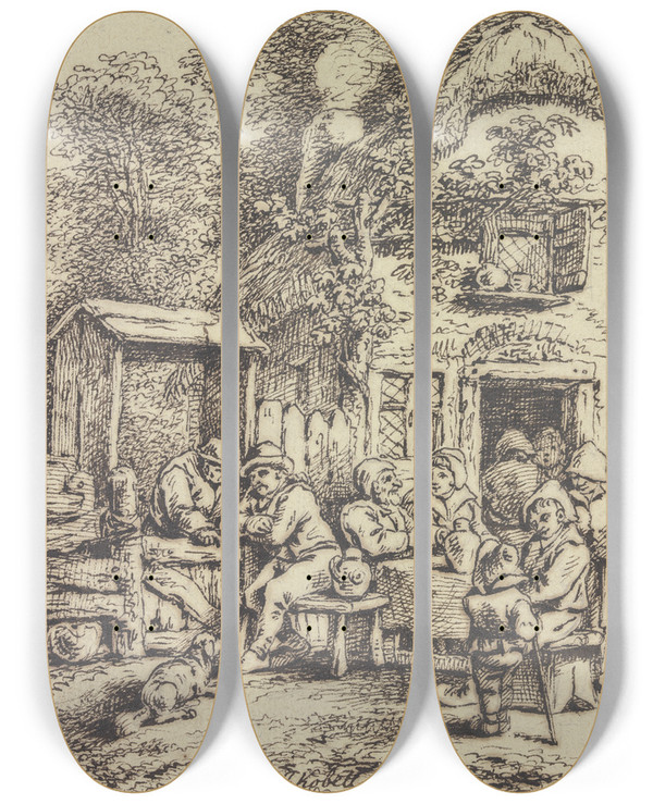 Triptych art skateboard deck of Ferdinand Kobell Bauerngruppe Vor Einem Haus Bei Unterhaltung Und Trunk by Ferdinand Kobell (1740-1799)