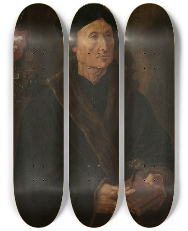 Triptych art skateboard deck of Maarten Van Heemskerck Portrait Of Johannes Colmannus Rector Of The Convent Of St Agatha At Delft by Maarten Van Heemskerck (1498-1574)