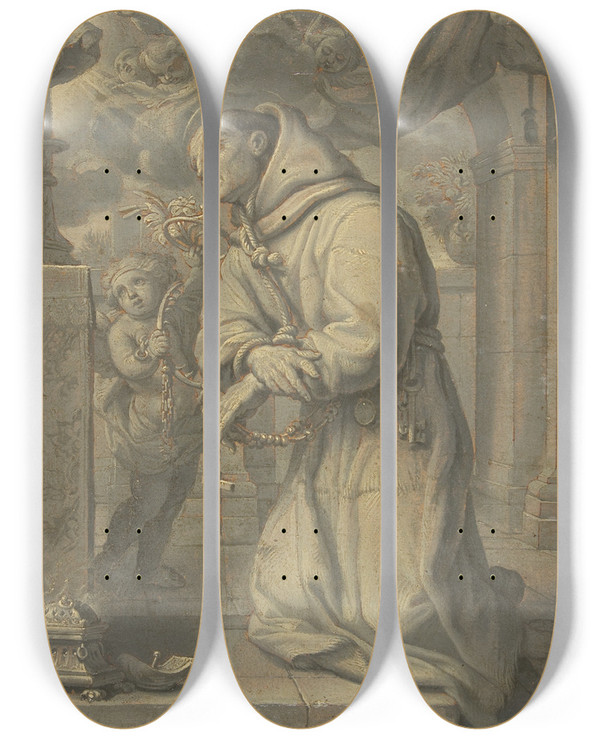 Triptych art skateboard deck of Claude Franois St Paschal Baylon Adoring The Blessed Sacrament by Claude Francois (1614-1685)