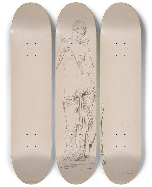 Triptych art skateboard deck of Ludvig August Smith Psyke Prver Amors Pil by Ludvig August Smith (1820-1906)