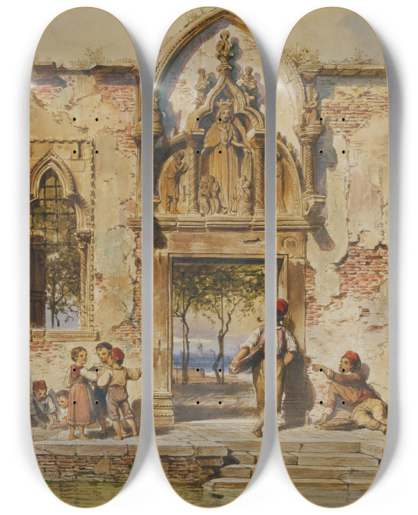 Triptych art skateboard deck of Heinrich Stohl Genreszene In Venedig by Heinrich Stohl (1826-1889)