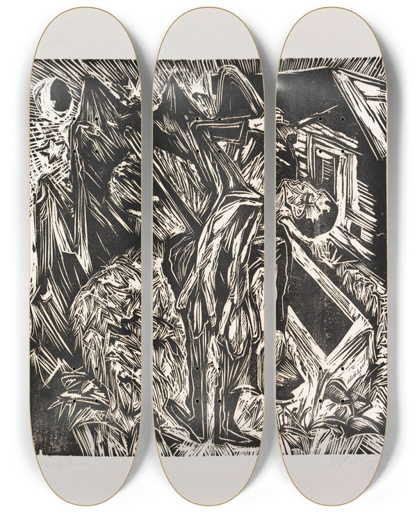 Triptych art skateboard deck of Ernst Ludwig Kirchner Trinkender Jger by Ernst Ludwig Kirchner (1880-1938)