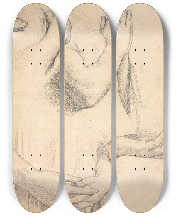 Triptych art skateboard deck of Jean Auguste Dominique Ingres Study Of Hands by Jean Auguste Dominique Ingres (1780-1867)
