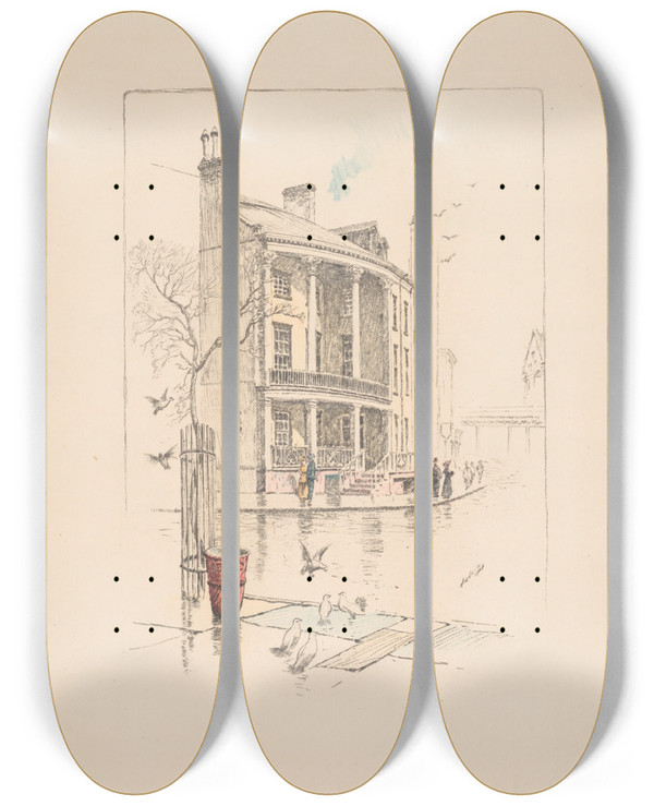 Triptych art skateboard deck of Charles Frederick William Mielatz Rogers House No 7 State Street by Charles Frederick William Mielatz (1864-1919)