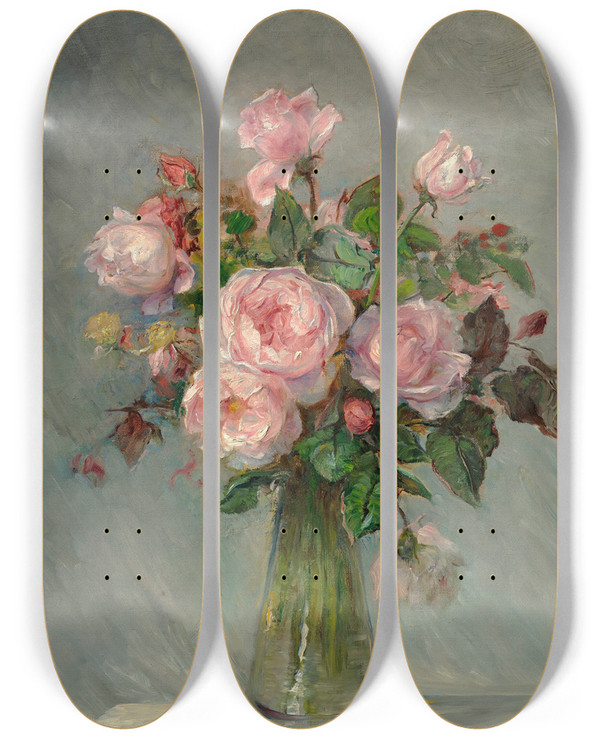 Triptych art skateboard deck of Bertha Wegmann Roses In A Glass Vase by Bertha Wegmann (1847-1926)