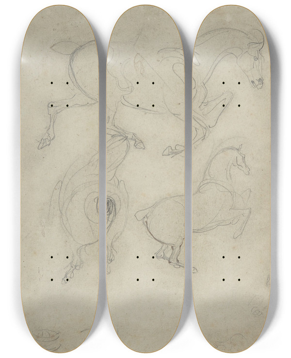 Triptych art skateboard deck of Eugne Delacroix Studies Of Horses by Eugene Delacroix (1798-1863)