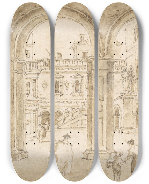 Triptych art skateboard deck of Giacomo Guardi The Courtyard Of The Doges Palace by Giacomo Guardi (1764-1835)