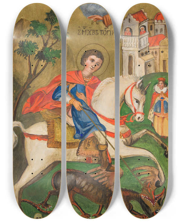 Triptych art skateboard deck of Sofija Paraszczuk W Jerzy Zabijajcy Smoka by Sofija Paraszczuk (1870-1947)
