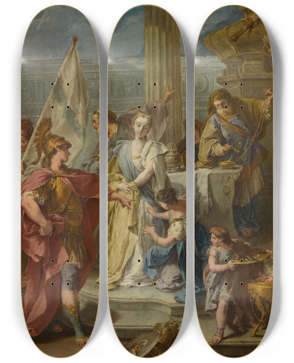 Triptych art skateboard deck of Giovanni Battista Pittoni The Sacrifice Of Polyxena_1 by Giovanni Battista Pittoni (1687-1767)