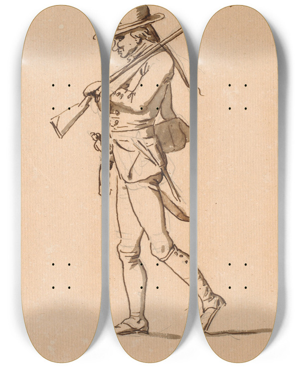 Triptych art skateboard deck of Nicolai Abildgaard Karikatur Af En Soldat I Profil Til Venstre Hans Venstre Arm Ligger I Bind Men Brer Dog Et Gevr by Nicolai Abildgaard (1743-1809)
