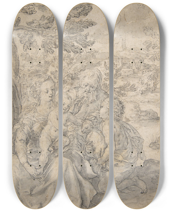 Triptych art skateboard deck of Hans Krumpper Holy Family With The Infant Saint John The Baptist by Hans Krumpper (1570-1634)
