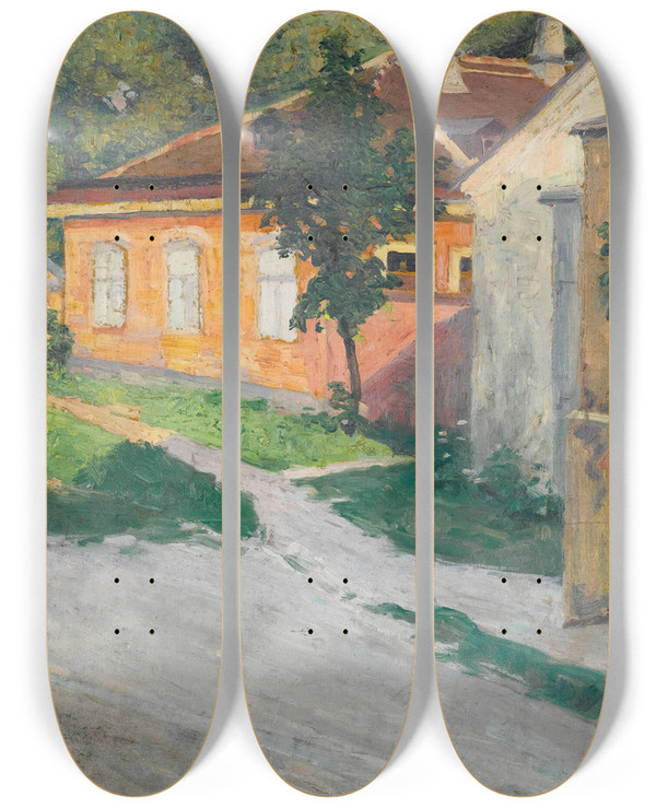 Triptych art skateboard deck of Egon Schiele Haus In Htteldorf House In Htteldorf by Egon Schiele (1890-1918)