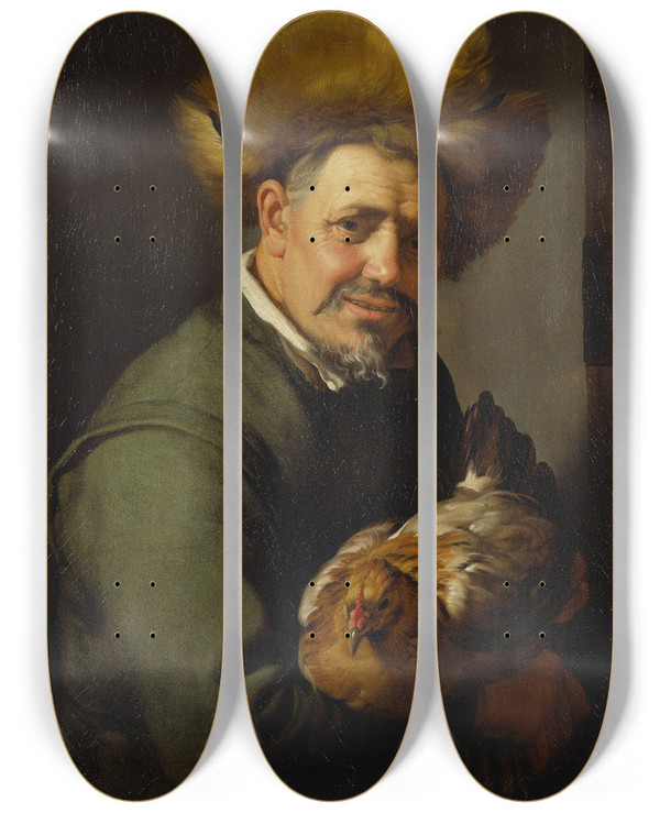 Triptych art skateboard deck of Hendrick Bloemaert Old Man With A Hen by Hendrick Bloemaert (1601-1672)