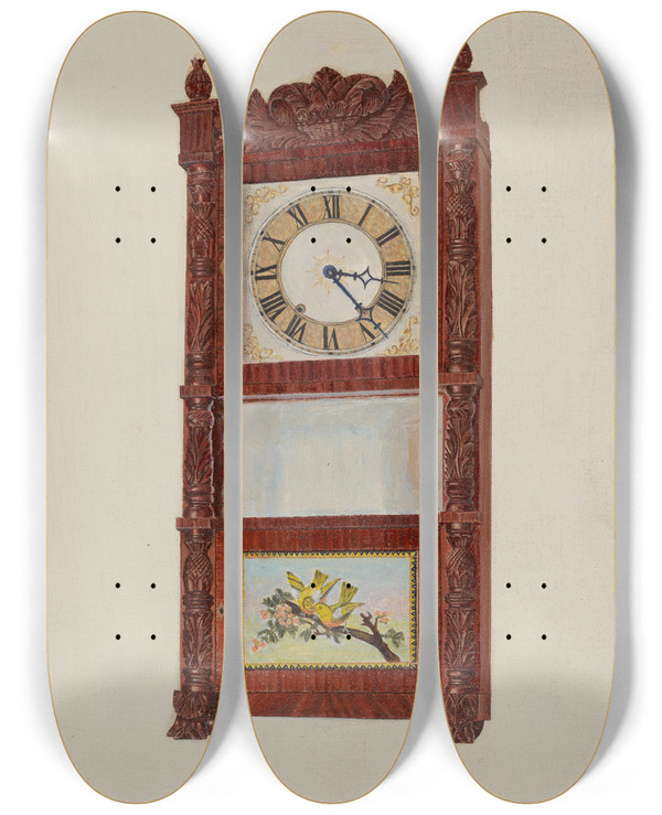 Triptych art skateboard deck of Alvin M Gully Shelf Clock by Alvin M Gully
