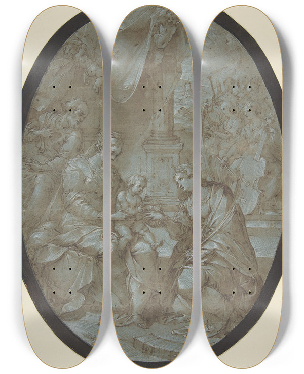 Triptych art skateboard deck of Avanzino Nucci The Mystic Marriage Of Saint Catherine Of Alexandria by Avanzino Nucci (1551-1629)