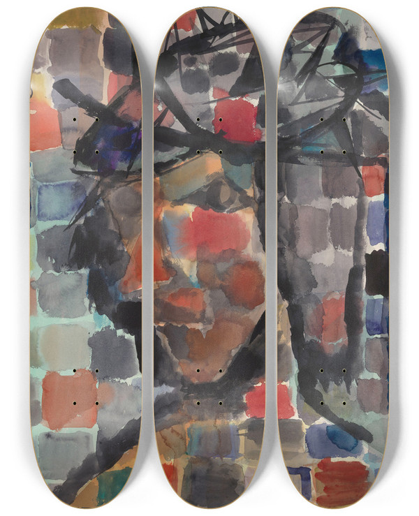 Triptych art skateboard deck of Arie Van De Giessen Christ by Arie Van de Giessen (1896-1950)
