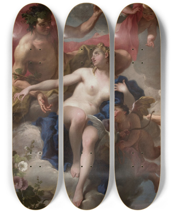 Triptych art skateboard deck of Giovanni Battista Pittoni Bacchus And Ariadne by Giovanni Battista Pittoni (1687-1767)