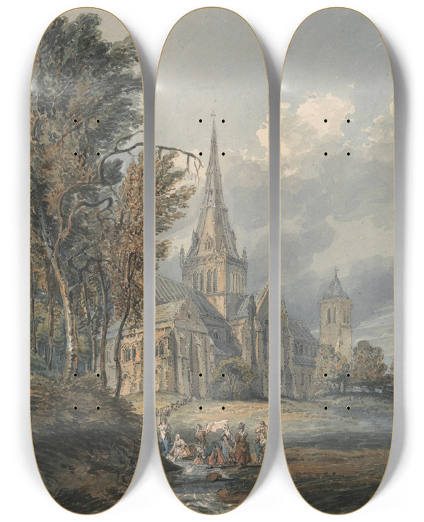 Triptych art skateboard deck of Thomas Girtin Glasgow Cathedral by Thomas Girtin (1775-1802)