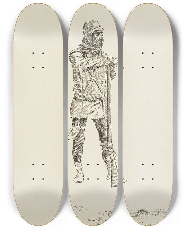 Triptych art skateboard deck of Charles Marion Russell The Wolfer by Charles Marion Russell (1864-1926)