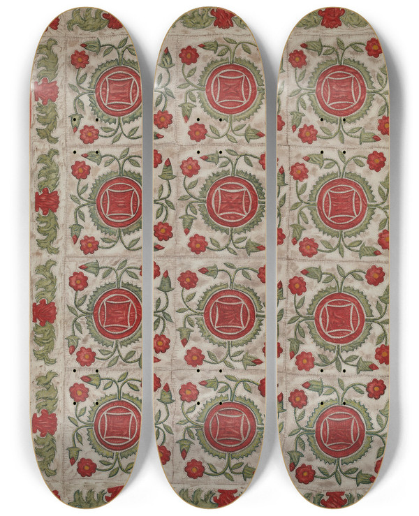 Triptych art skateboard deck of Mildred E Bent Applique Quilt_3 by Mildred E Bent