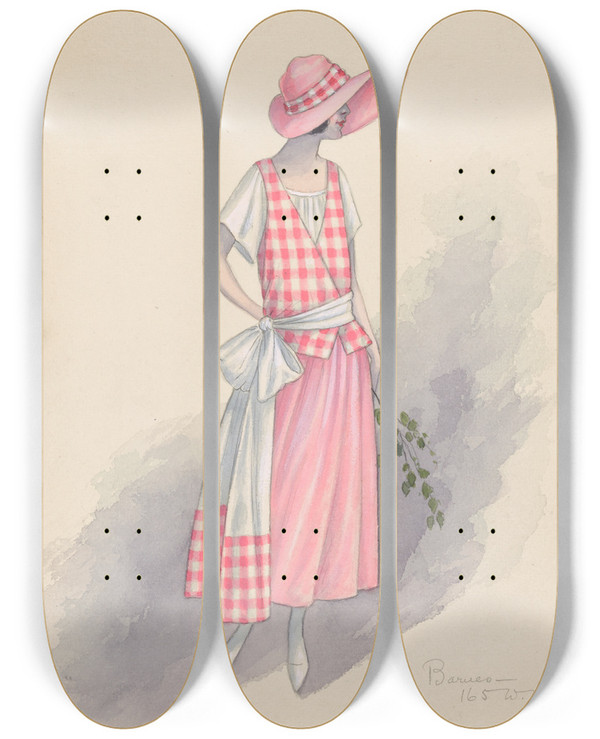 Triptych art skateboard deck of Will R Barnes Gingham Girl 3 by Will R Barnes (1939)