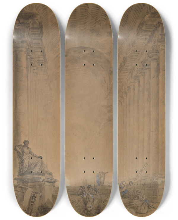 Triptych art skateboard deck of Hubert Robert Figures In A Colonnade by Hubert Robert (1733-1808)