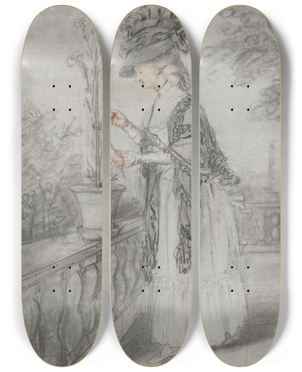 Triptych art skateboard deck of John Raphael Smith Lady On A Terrace Tending A Carnation Plant by John Raphael Smith (1752-1812)
