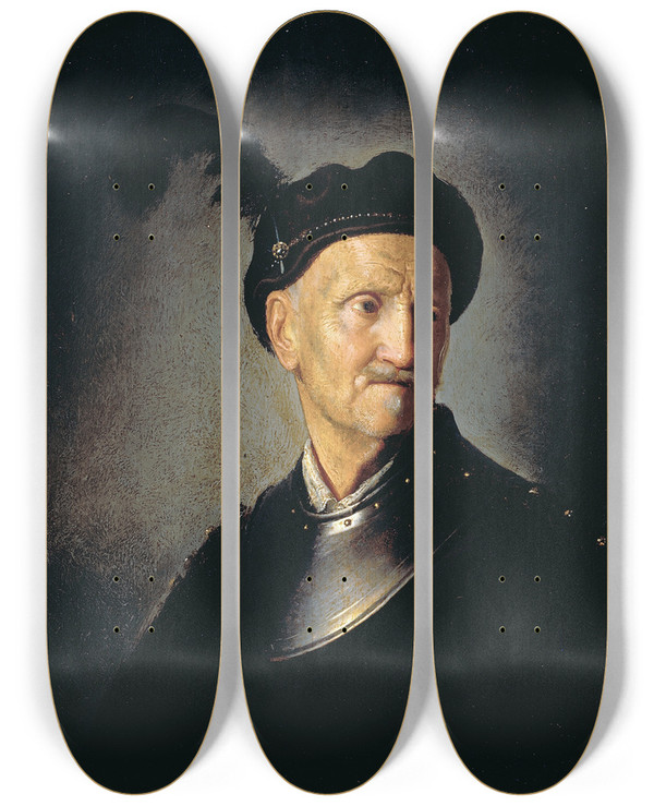 Triptych art skateboard deck of Rembrandt Van Rijn Man In Armour by Rembrandt Van Rijn (1606-1669)