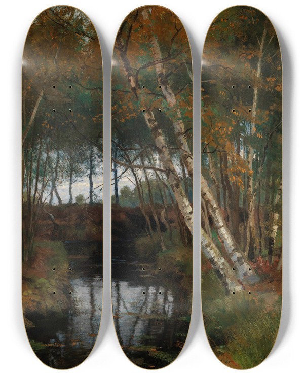 Triptych art skateboard deck of Hugo Darnaut A Landscape With Stream And Birches by Hugo Darnaut (1850-1937)