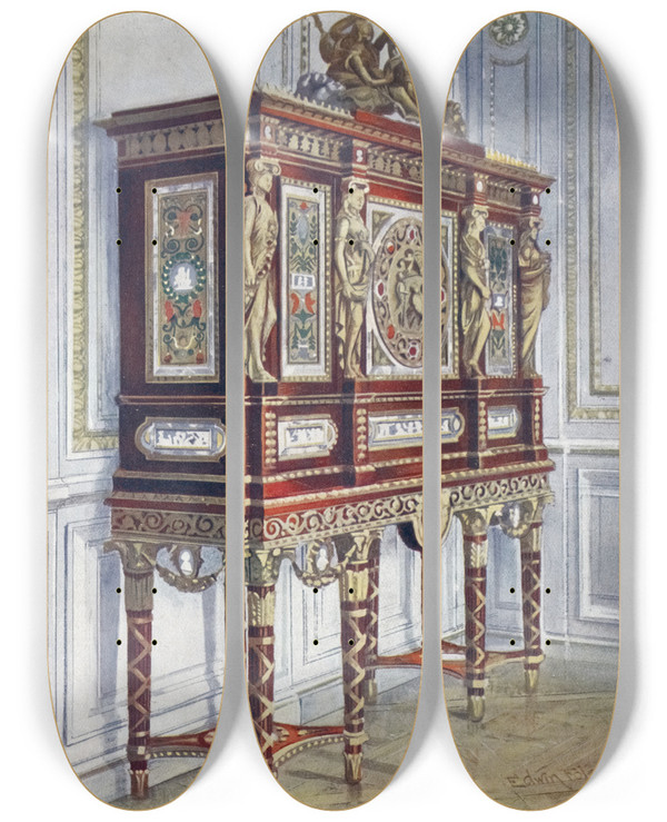 Triptych art skateboard deck of Edwin Foley Jewel Cabinet Of Queen Marie Antoinette Of Mahogany Gilt Inlaid Carved And With Painted Plaques by Edwin Foley (1859-1912)