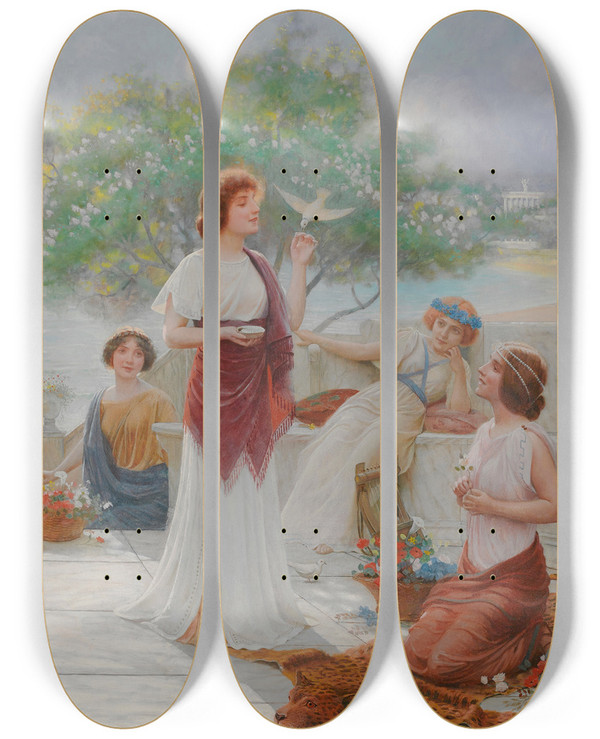 Triptych art skateboard deck of Abbey Altson A Messenger Of Love by Abbey Altson (1866-1949)