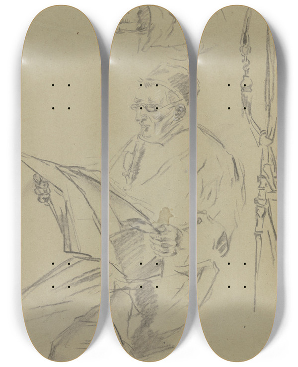Triptych art skateboard deck of Anton Burger Reading Master Butcher by Anton Burger (1824-1905)