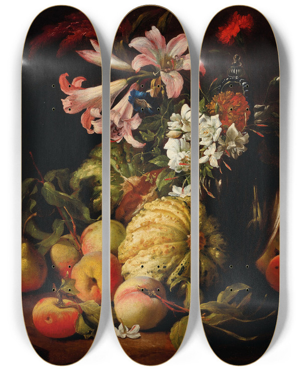 Triptych art skateboard deck of Abraham Brueghel Lilies And Other Flowers In A Glass Vase With Peaches And Melons by Abraham Brueghel (1631-1697)