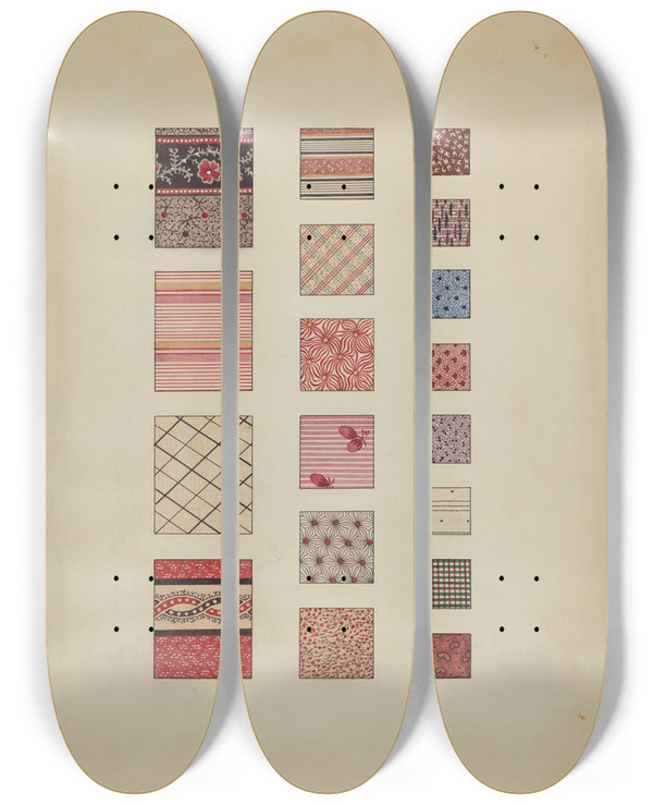 Triptych art skateboard deck of Martha Reed Printed Cottons by Martha Reed